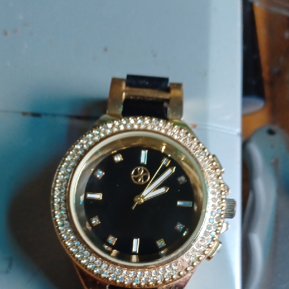 Gold and Black Watch with Crystal Accents